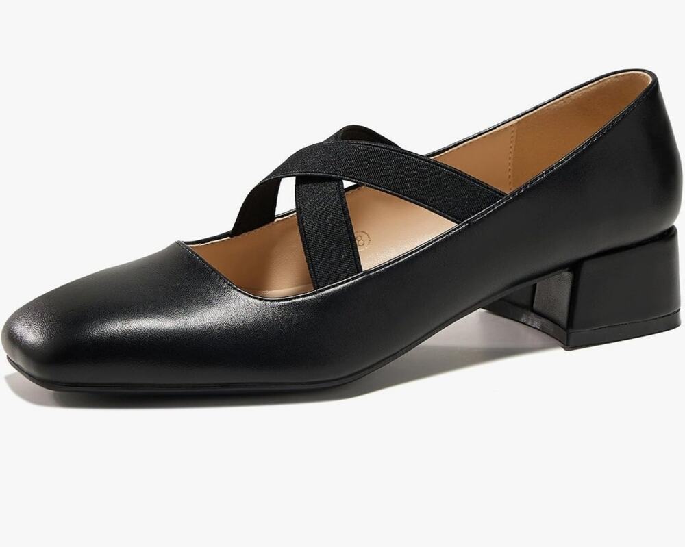 Mary Jane Chunky Low Heels Crossed Elastic Strap Pumps Closed Square Toe Size 10